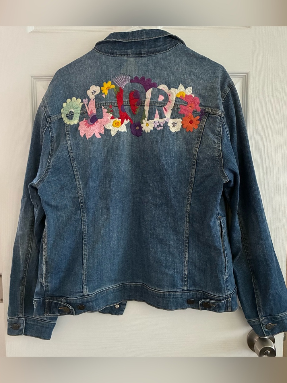 Pilcro and the Letterpress Amore Embroidered Denim Jacket, Size Large